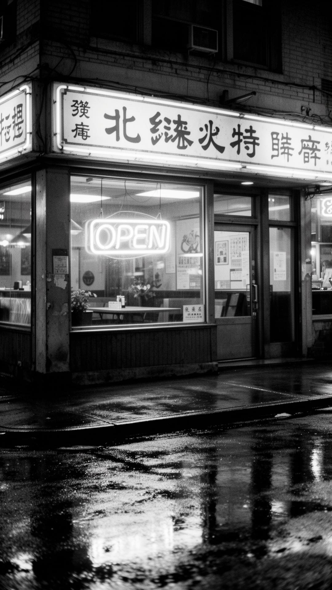Black-and-white 90s Asian restaurant storefront with glowing neon OPEN sign
