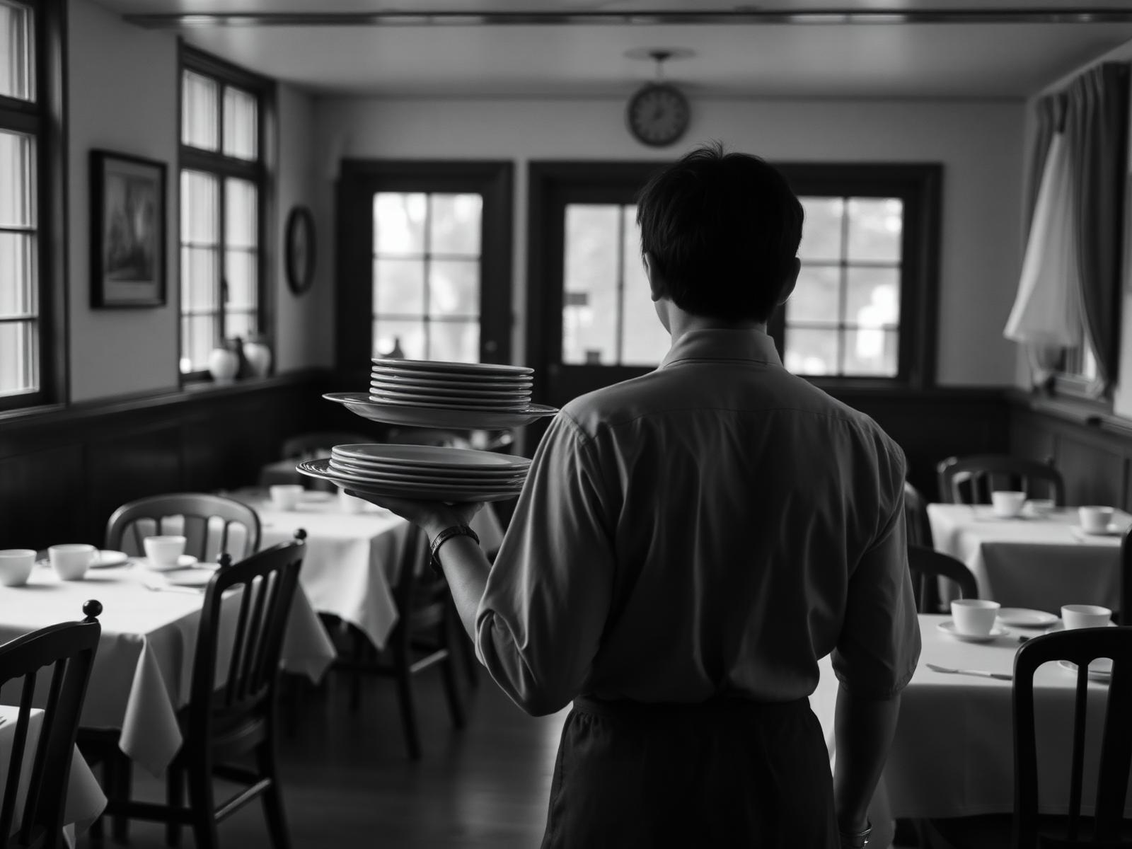 Waiter from behind carrying a stack of plates through a quiet dining room