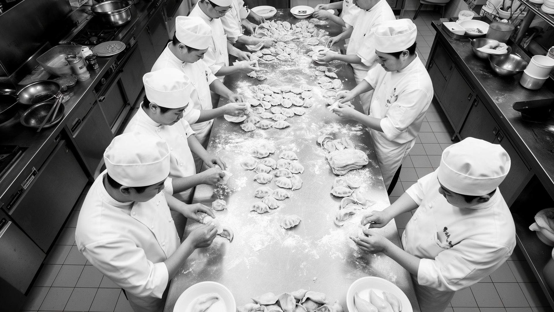 Overhead view of dumpling chefs in kitchen whites at a long stainless steel table
