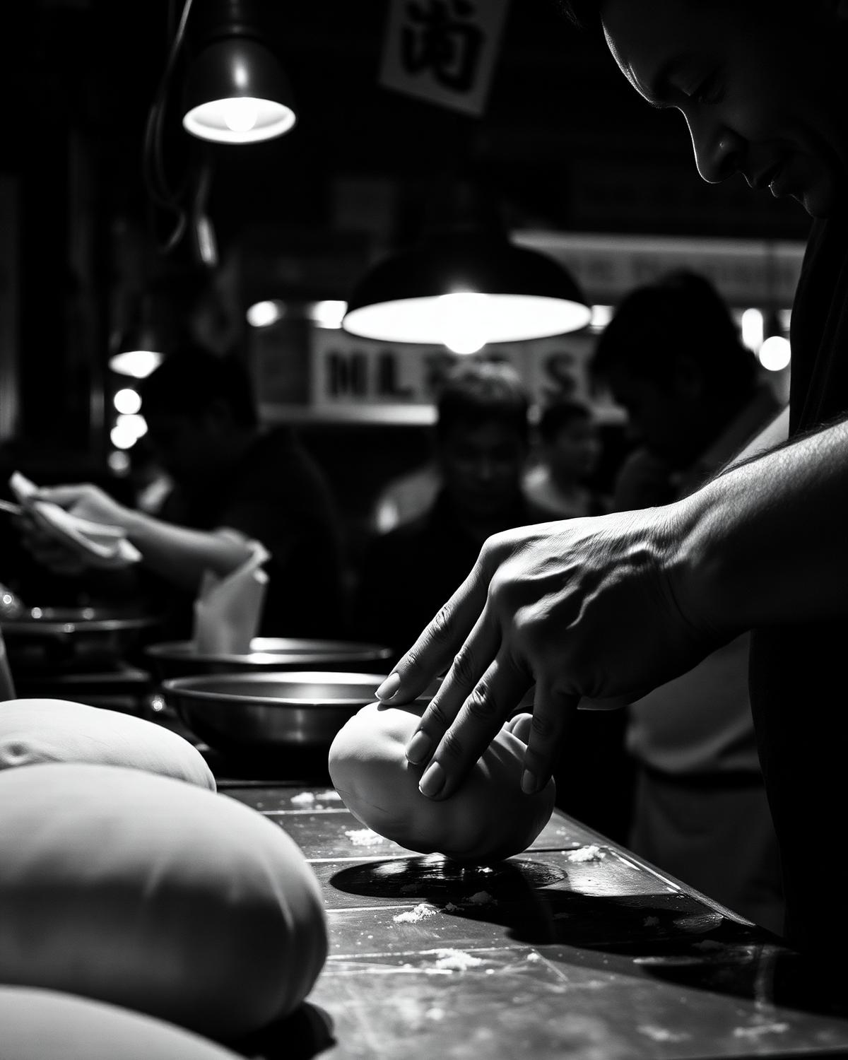 Hands shaping food at an Asian hawker stall
