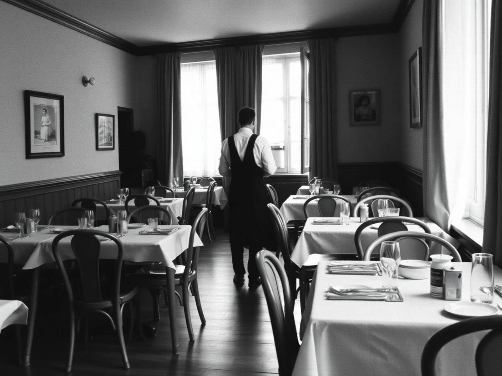 Quiet hotel dining room at dawn — a waiter walking away, no faces visible