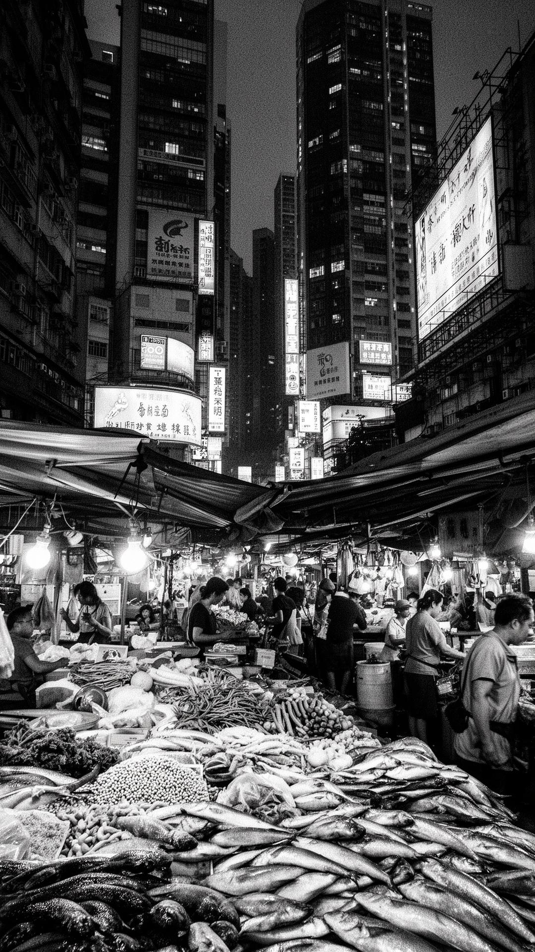 Asian wet market under city neon