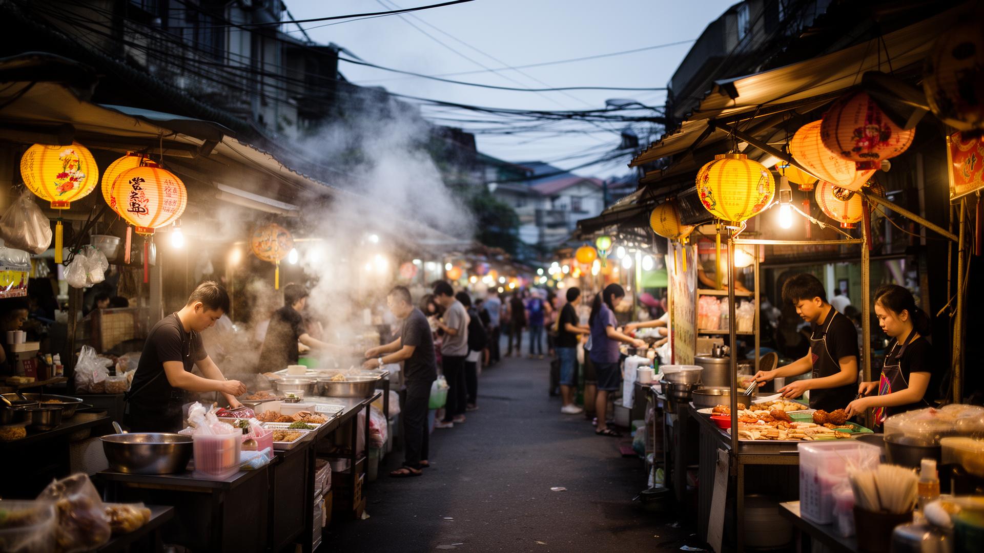 Wide shot of an Asian street food market at dusk with lanterns