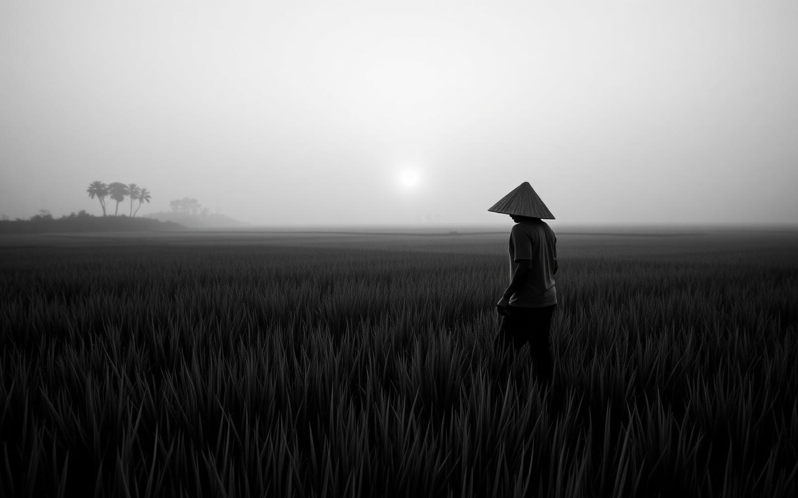 Farmer at dawn in a rice paddy