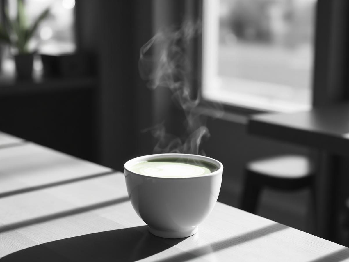 A serene matcha latte steaming on a cafe counter in morning light