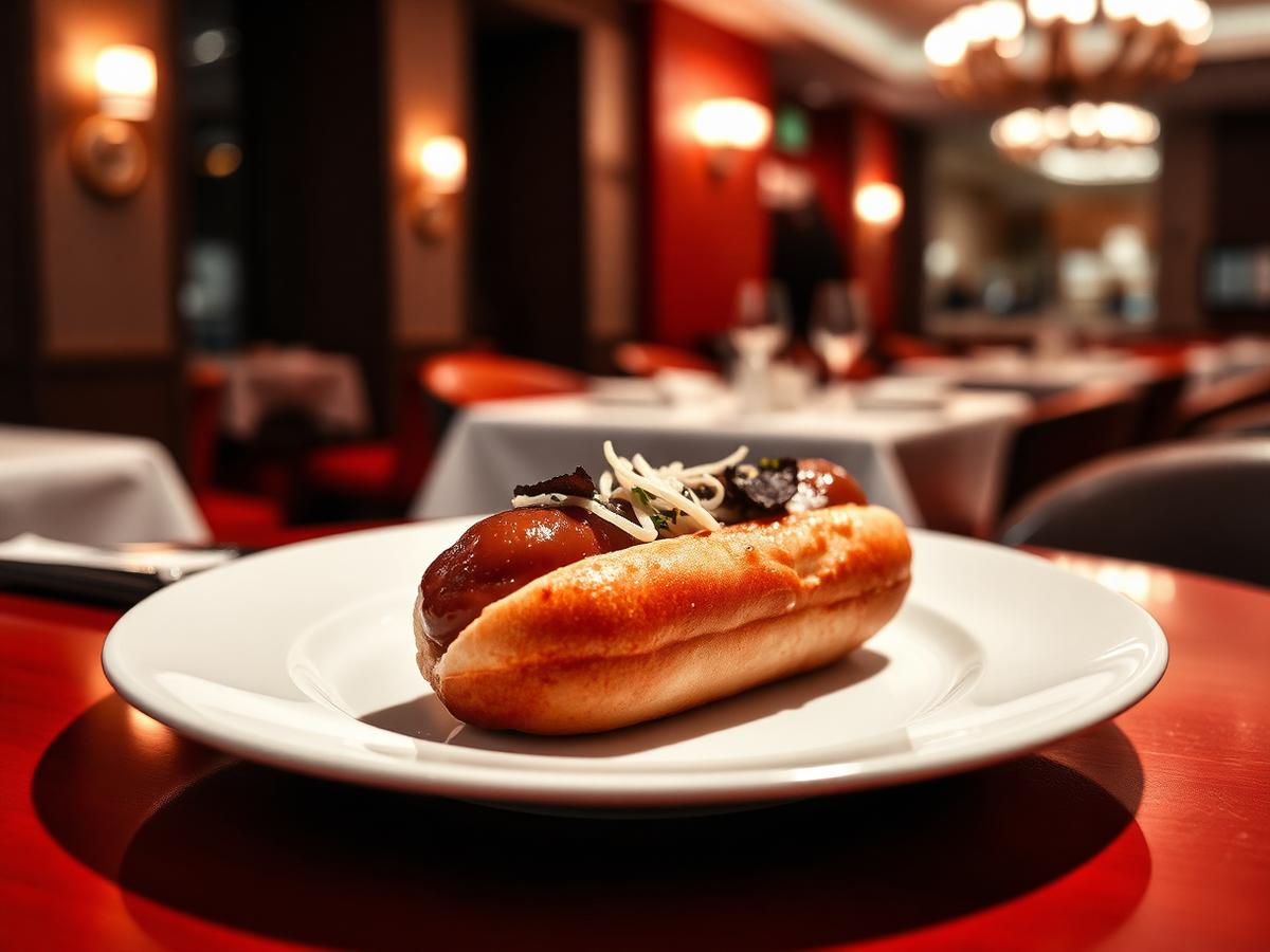 A gourmet hot dog plated on fine china in an upscale dining room