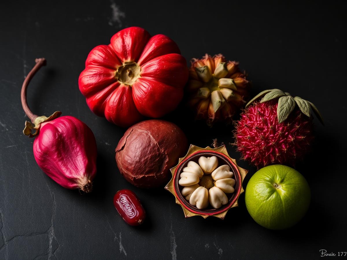 Heritage Southeast Asian fruits — roselle, bael, rambutan and makrut lime on a dark surface