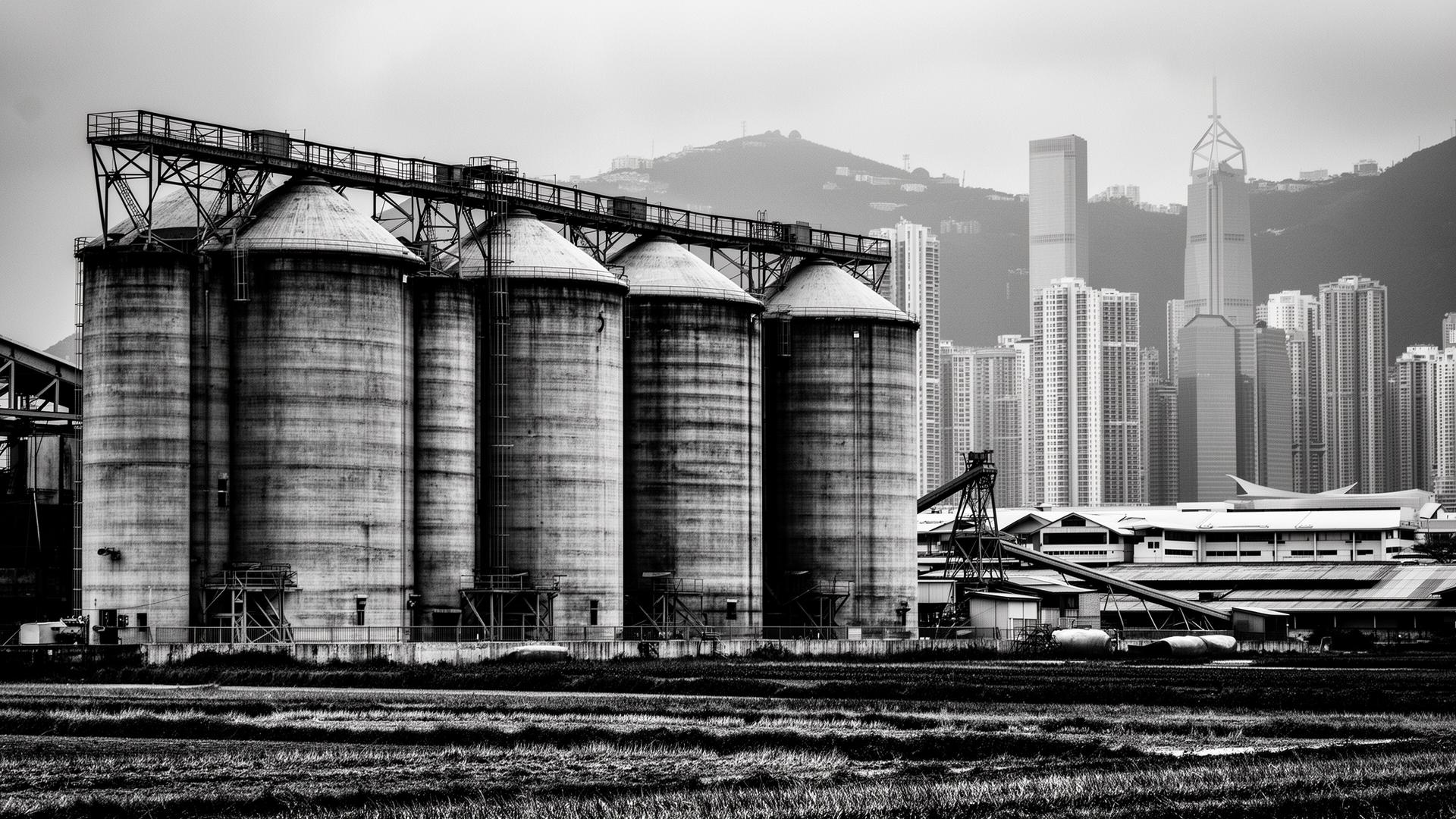Grain silos against an Asian city skyline