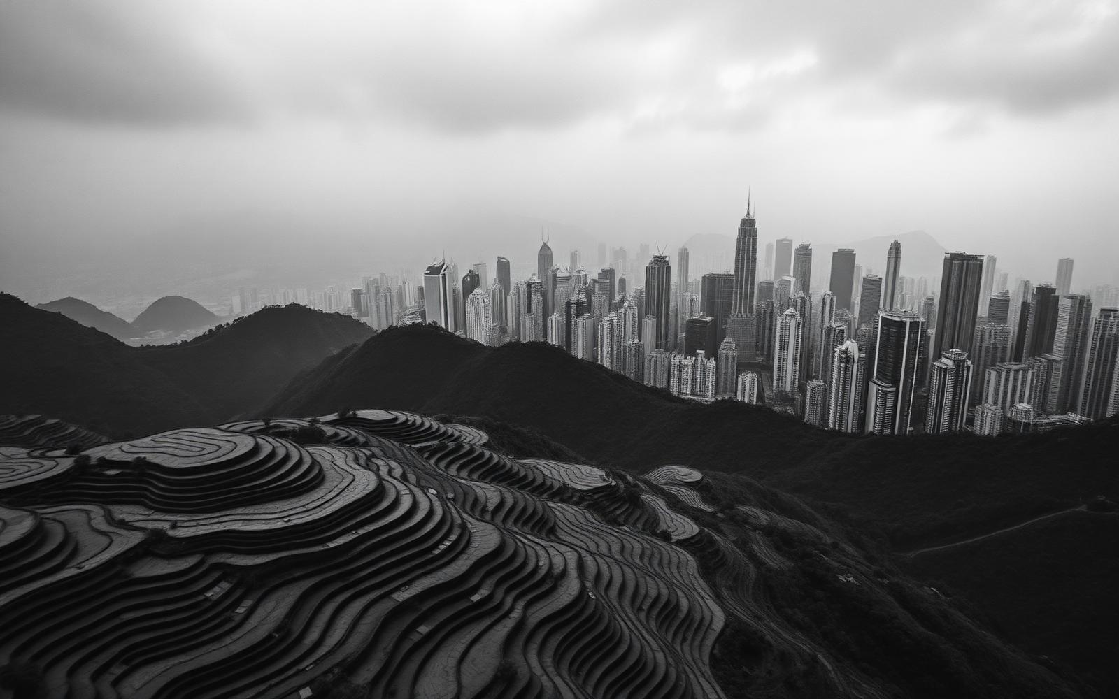 Rice terraces meeting an Asian skyline