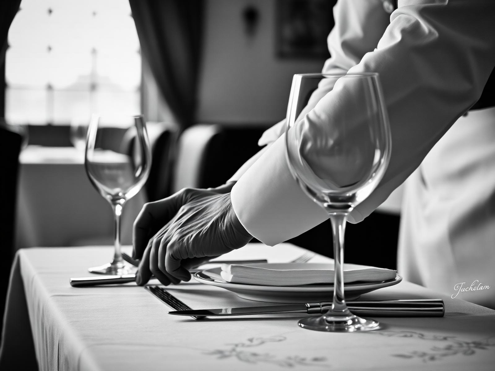 Waiter's hands setting a hotel restaurant table